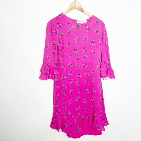 DIANE VON FURSTENBERG DVF Ruffle Cuff Dress in Floating Lily Ranunculus womens M - Picture 2 of 8